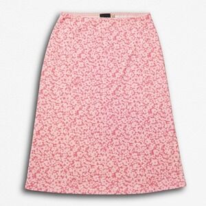 Pink Floral Midi Skirt Lace Trim Elastic Waist Botanical Print A-Line Skirt